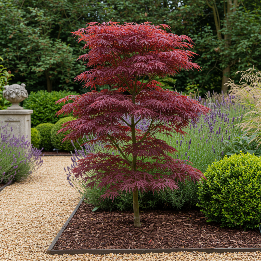 Green boutiQ - Terrasplant - Japanse Esdoorn - Acer palmatum Trompenburg -Donker Paars - 1 Plant - Bladverliezend - Pot 19cm Hoogte 70cm