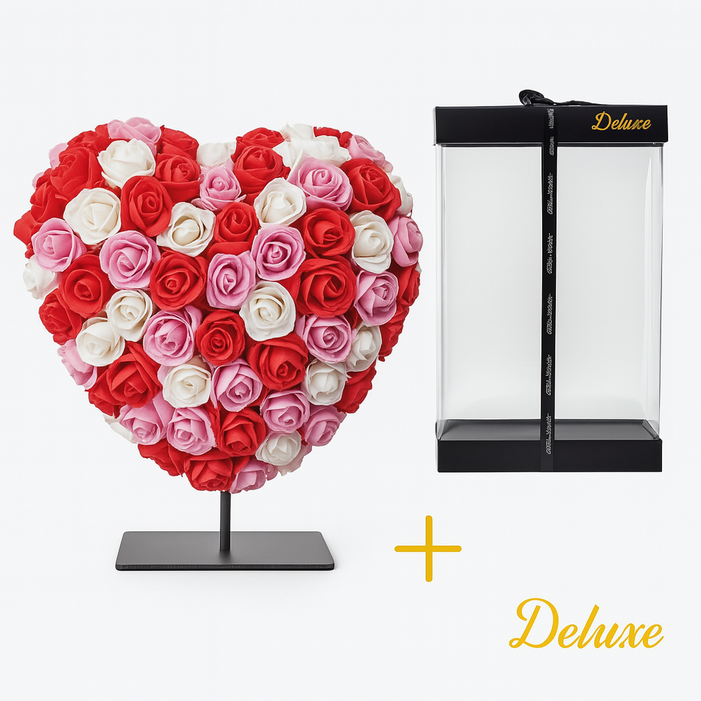 Srce DELUXE na stalku 15 cm – miješana crvena, ružičasta i bijela pjena – u luksuznom poklon pakiranju 15 cm